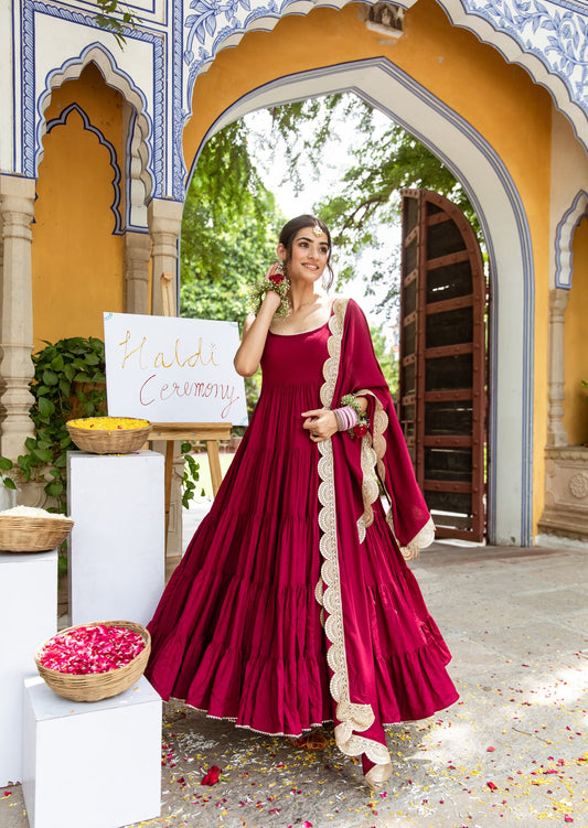 Maroon Rayon Ruffle Anarkali Suit with Dupatta