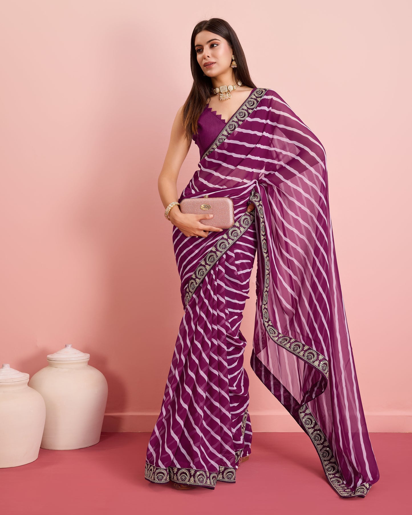 Wine Leheriya Embroidered Georgette Saree