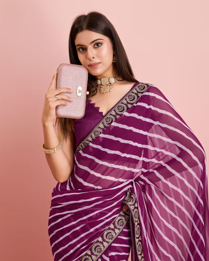 Wine Leheriya Embroidered Georgette Saree