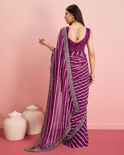 Wine Leheriya Embroidered Georgette Saree