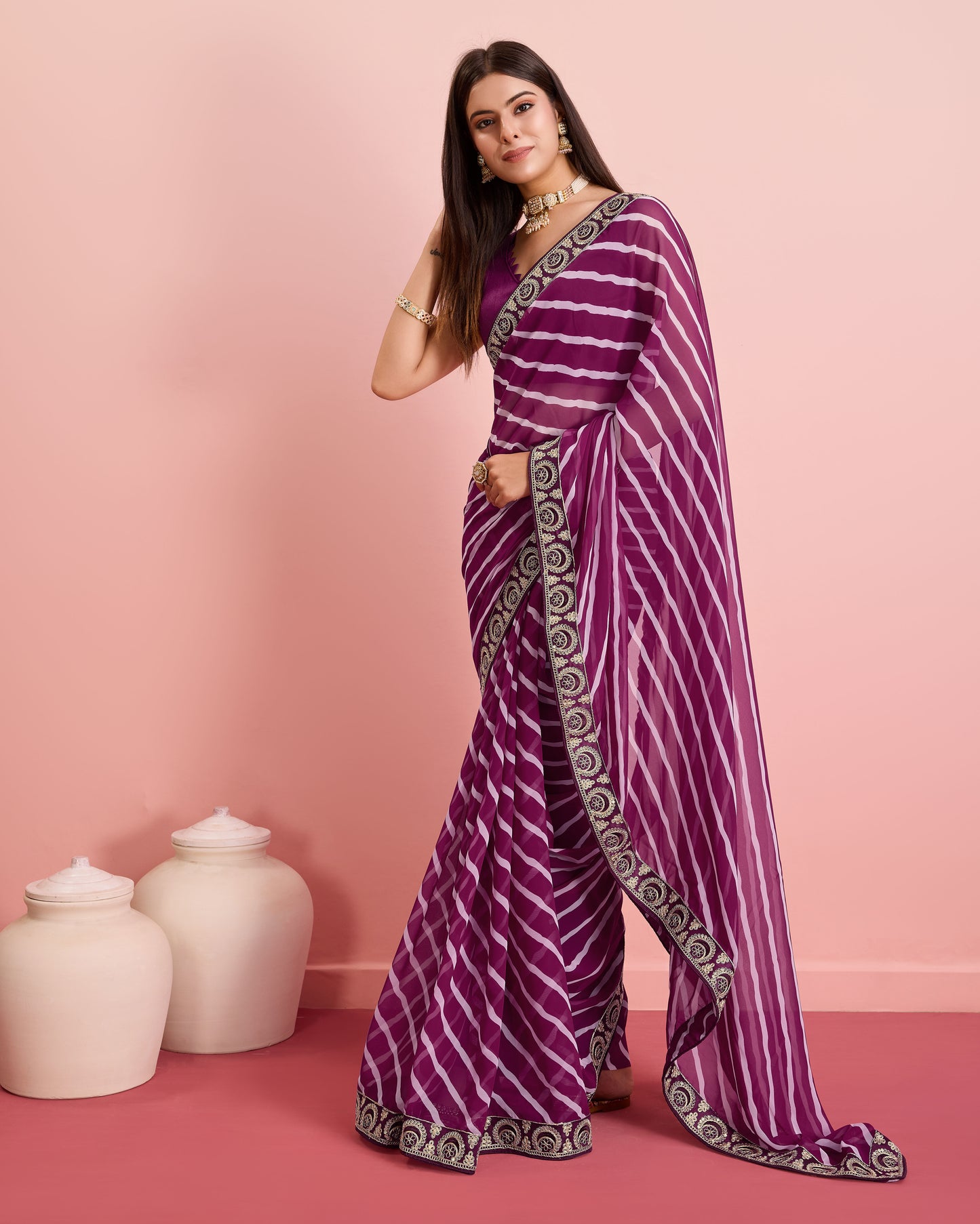 Wine Leheriya Embroidered Georgette Saree