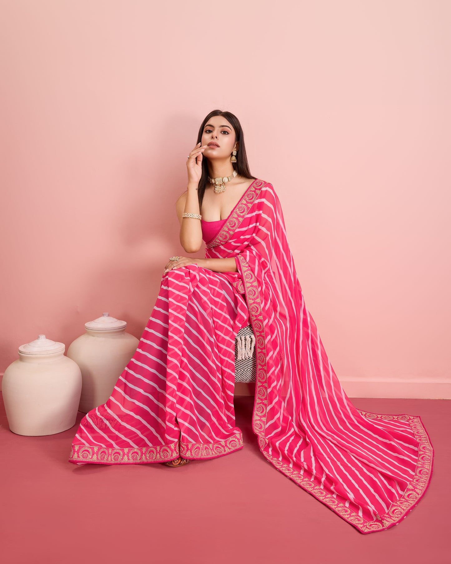 Pink Leheriya Embroidered Georgette Saree