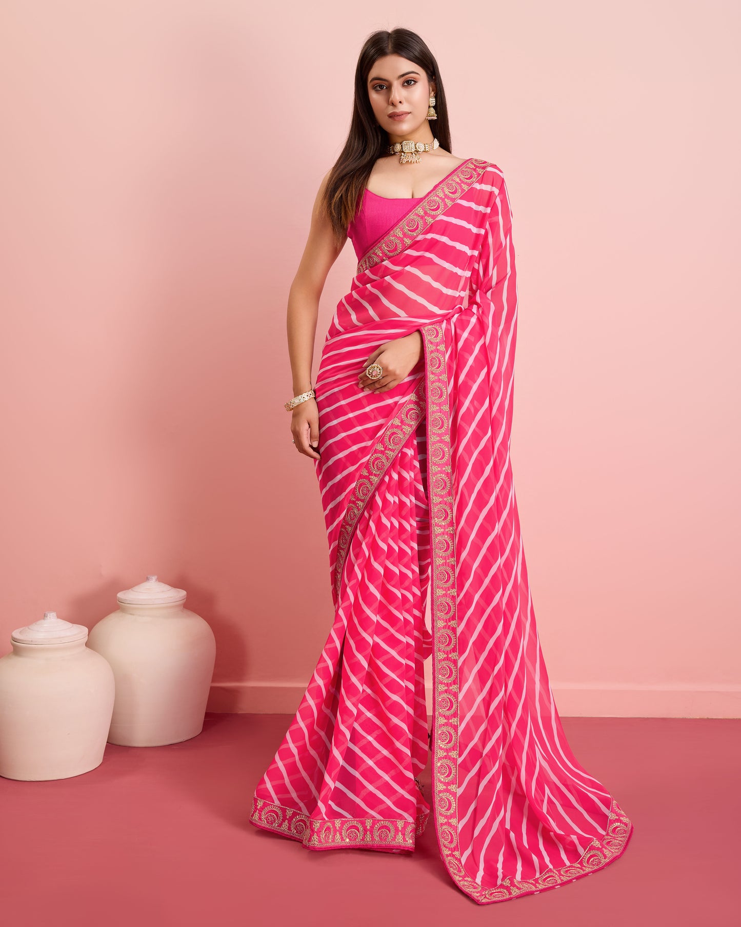 Pink Leheriya Embroidered Georgette Saree