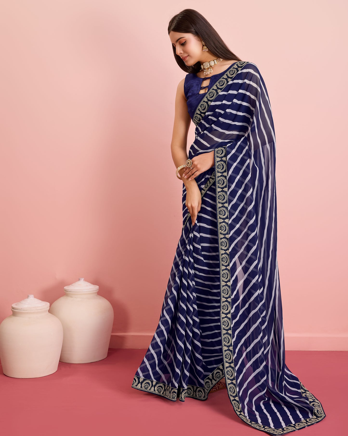 Blue Leheriya Embroidered Georgette Saree