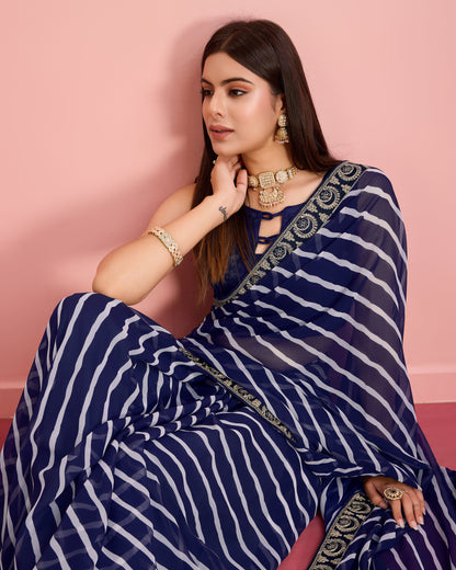 Blue Leheriya Embroidered Georgette Saree