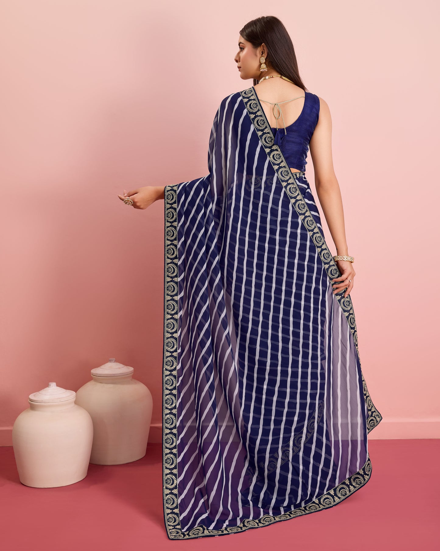 Blue Leheriya Embroidered Georgette Saree