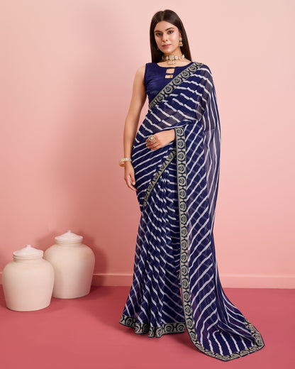 Blue Leheriya Embroidered Georgette Saree