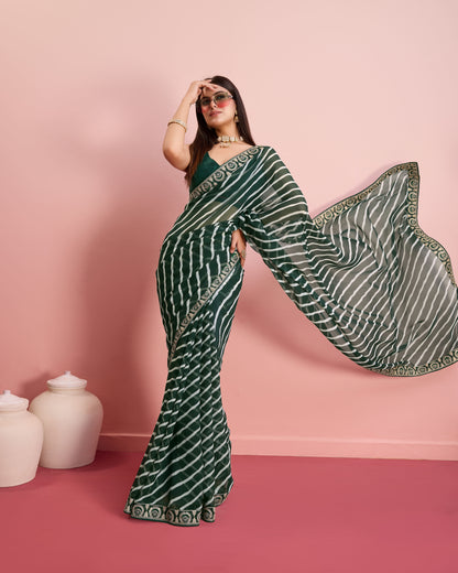 Green Leheriya Embroidered Georgette Saree