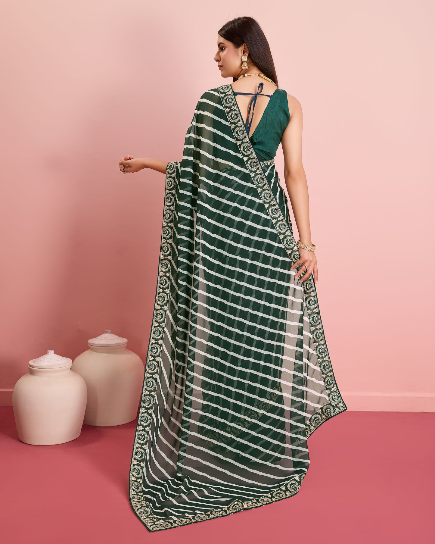 Green Leheriya Embroidered Georgette Saree