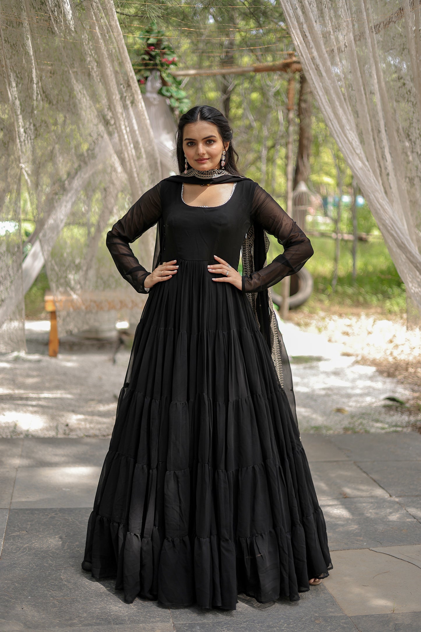 Beautiful Black Georgette Reception Wear Plain Gown With Dupatta