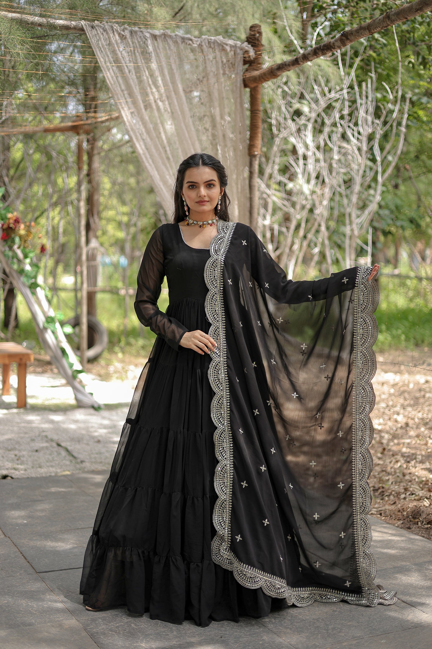 Beautiful Black Georgette Reception Wear Plain Gown With Dupatta