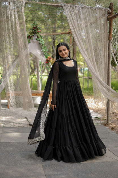 Beautiful Black Georgette Reception Wear Plain Gown With Dupatta