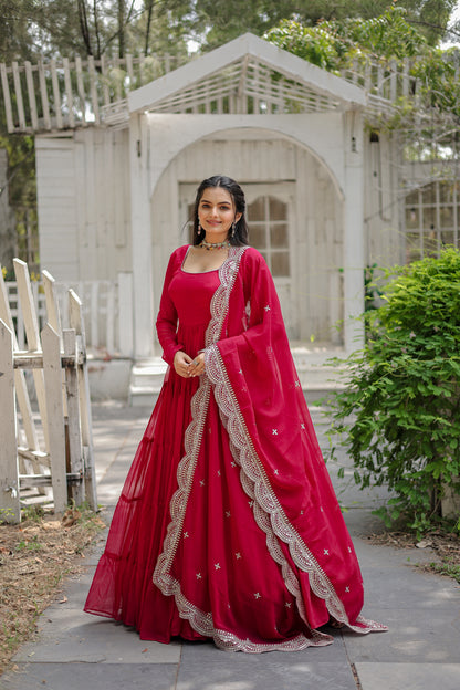 Beautiful Pink Georgette Reception Wear Plain Gown With Dupatta