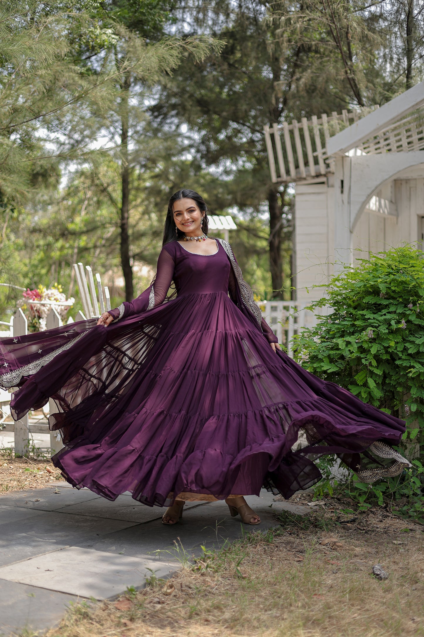 Beautiful Wine Georgette Reception Wear Plain Gown With Dupatta