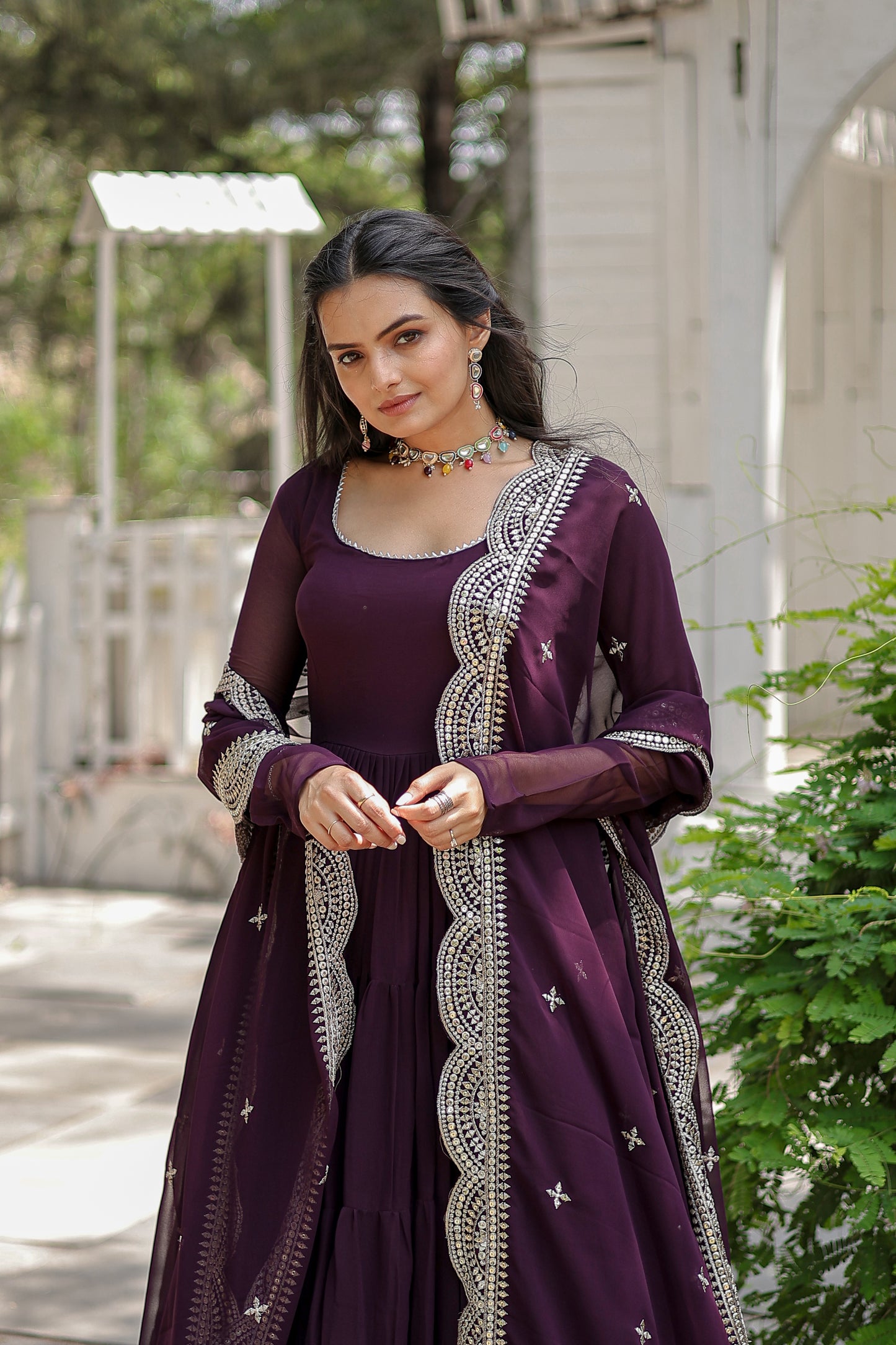 Beautiful Wine Georgette Reception Wear Plain Gown With Dupatta