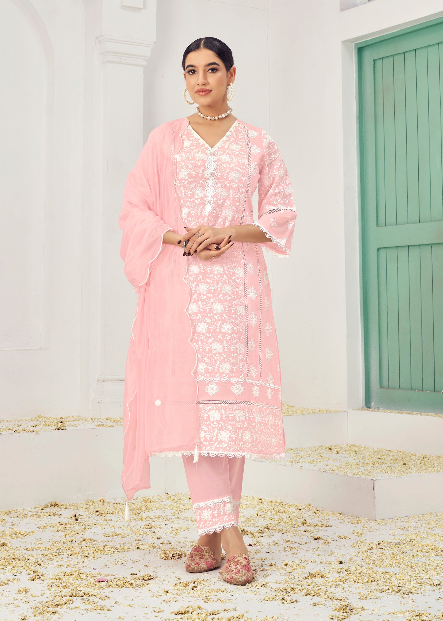 Pink & Rama Cotton Readymade Salwar Kameez Suit