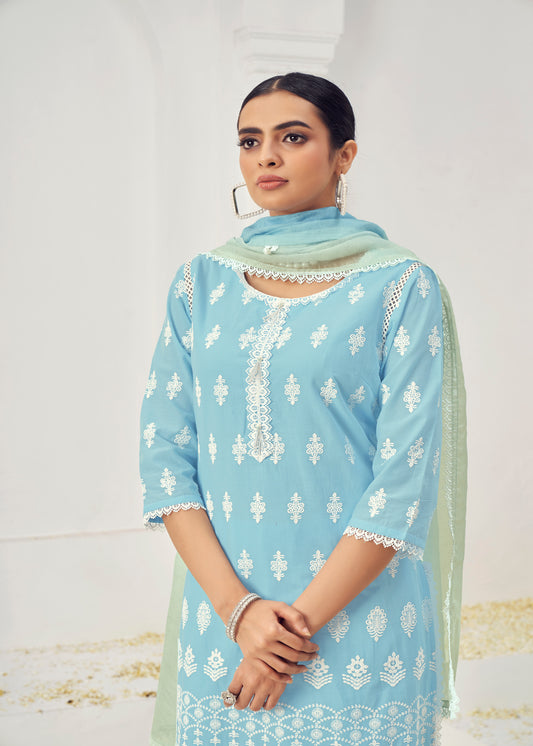 Sky Blue Cotton Readymade Salwar Kameez Suit