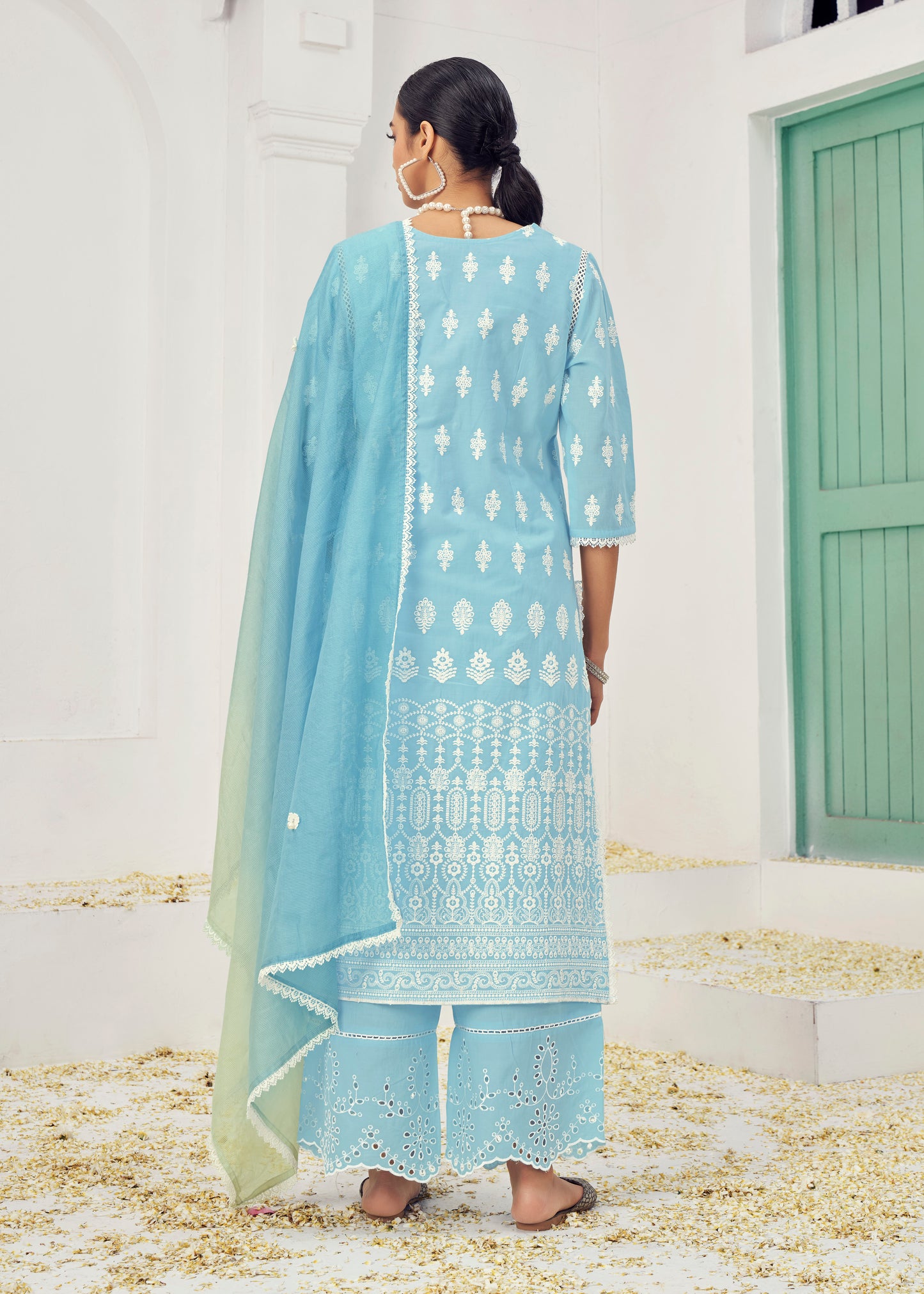 Sky Blue Cotton Readymade Salwar Kameez Suit