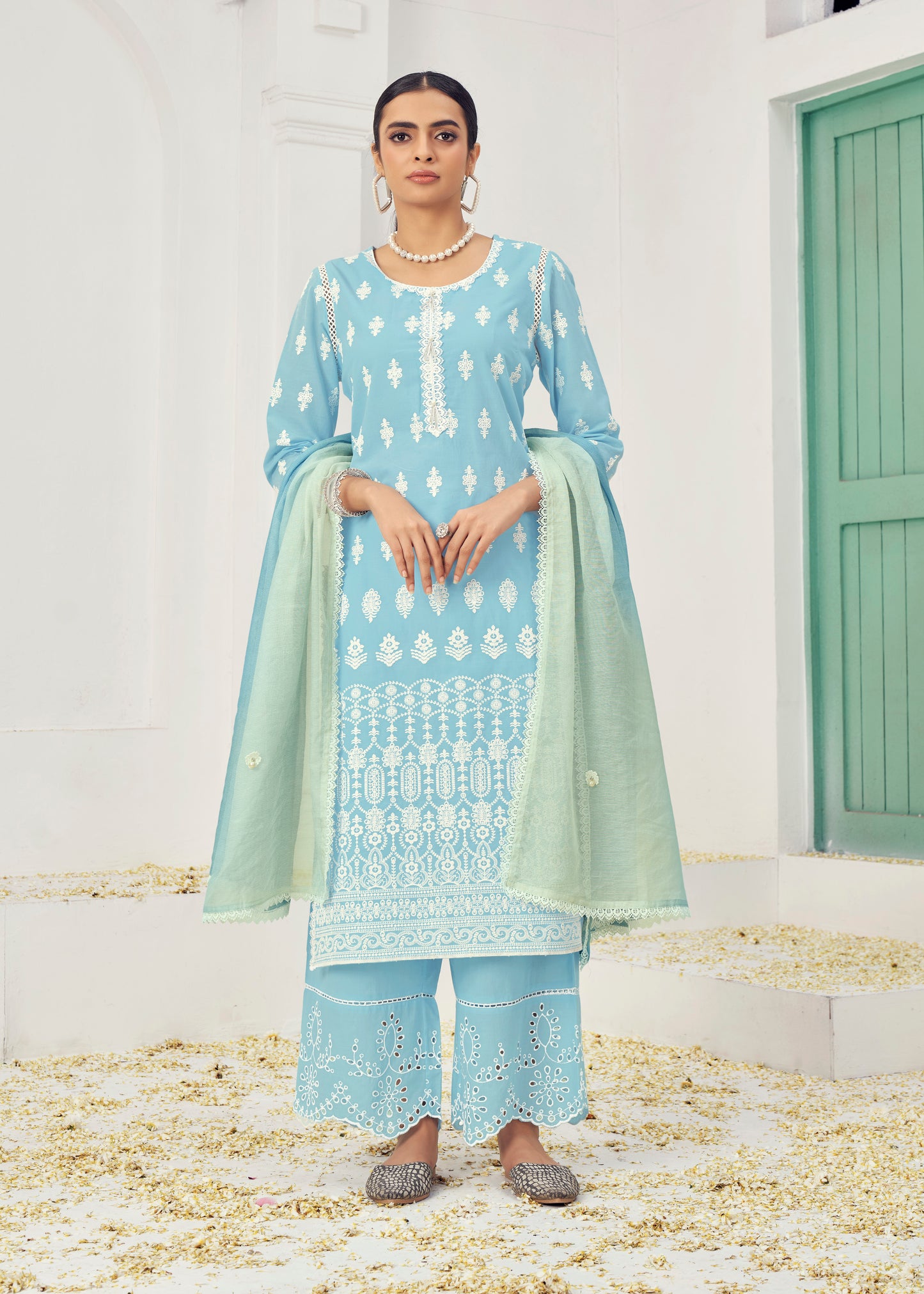 Sky Blue Cotton Readymade Salwar Kameez Suit