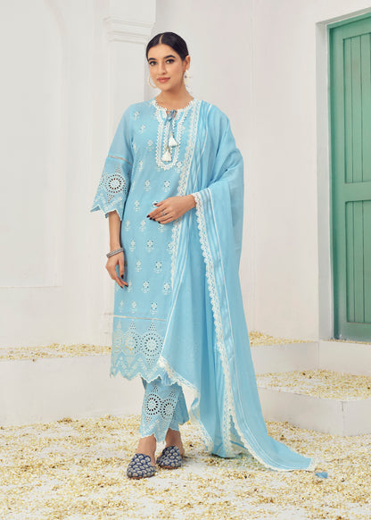 Sky Blue & Lime Cotton Readymade Salwar Kameez Suit