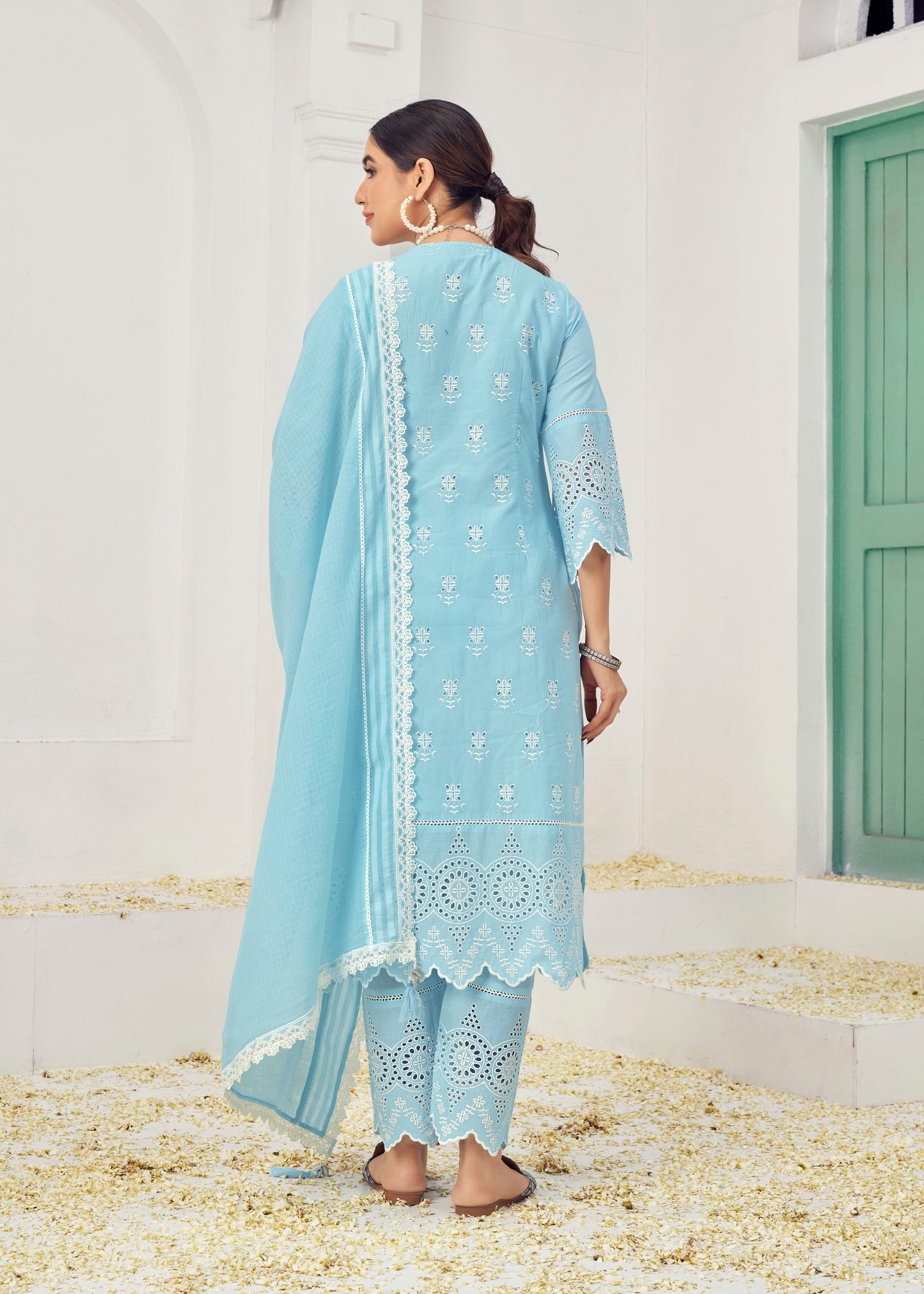 Sky Blue & Lime Cotton Readymade Salwar Kameez Suit