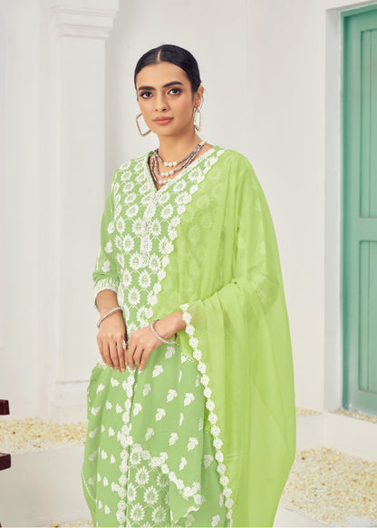 Sky Blue & Lime Cotton Readymade Salwar Kameez Suit