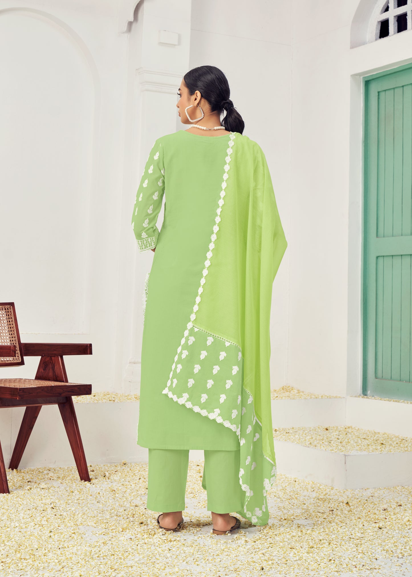 Sky Blue & Lime Cotton Readymade Salwar Kameez Suit