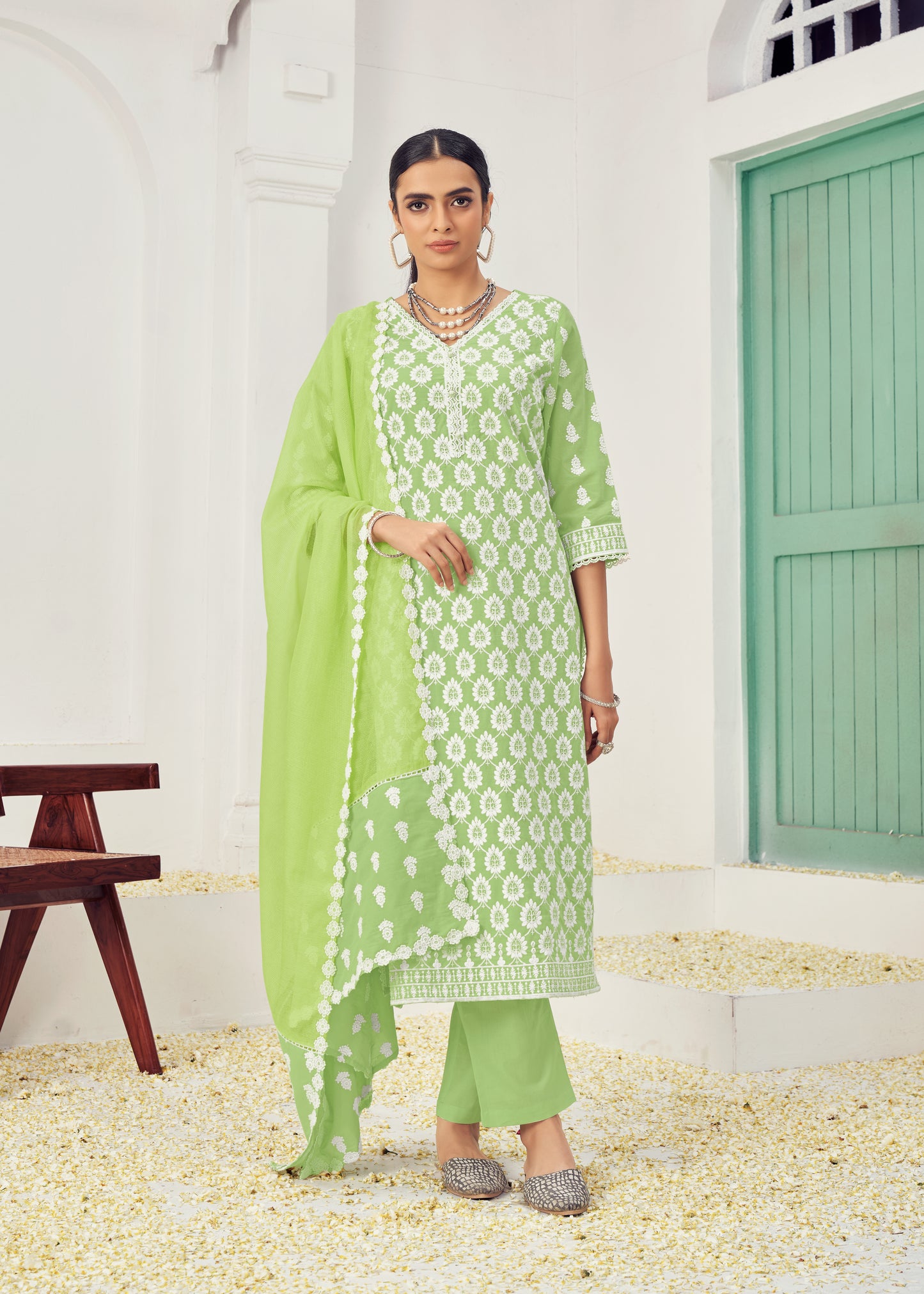 Sky Blue & Lime Cotton Readymade Salwar Kameez Suit