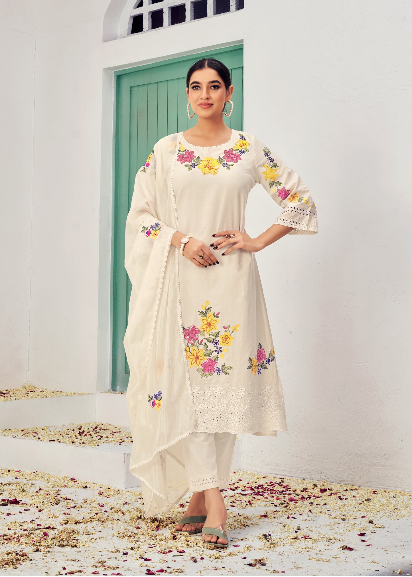 Beige & Ice Blue Cotton Readymade Salwar Kameez Suit