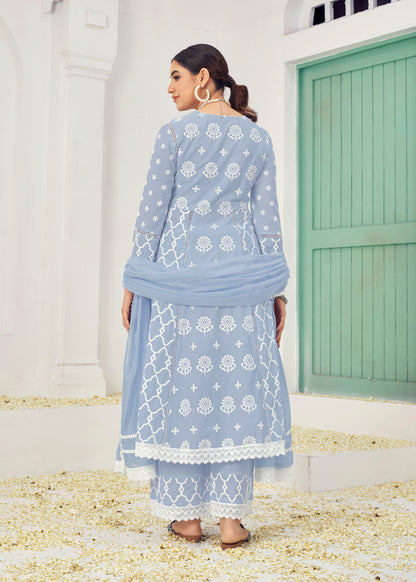 Beige & Ice Blue Cotton Readymade Salwar Kameez Suit