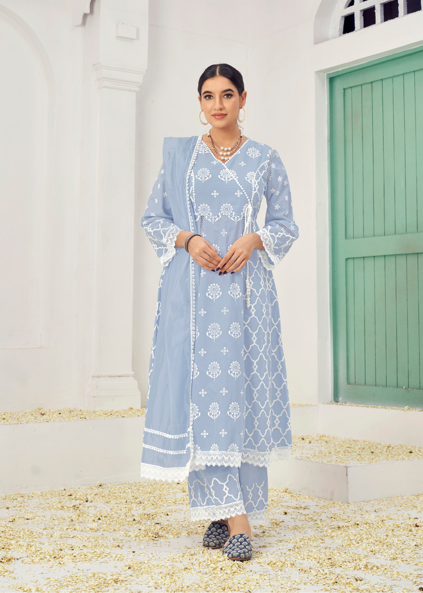 Beige & Ice Blue Cotton Readymade Salwar Kameez Suit