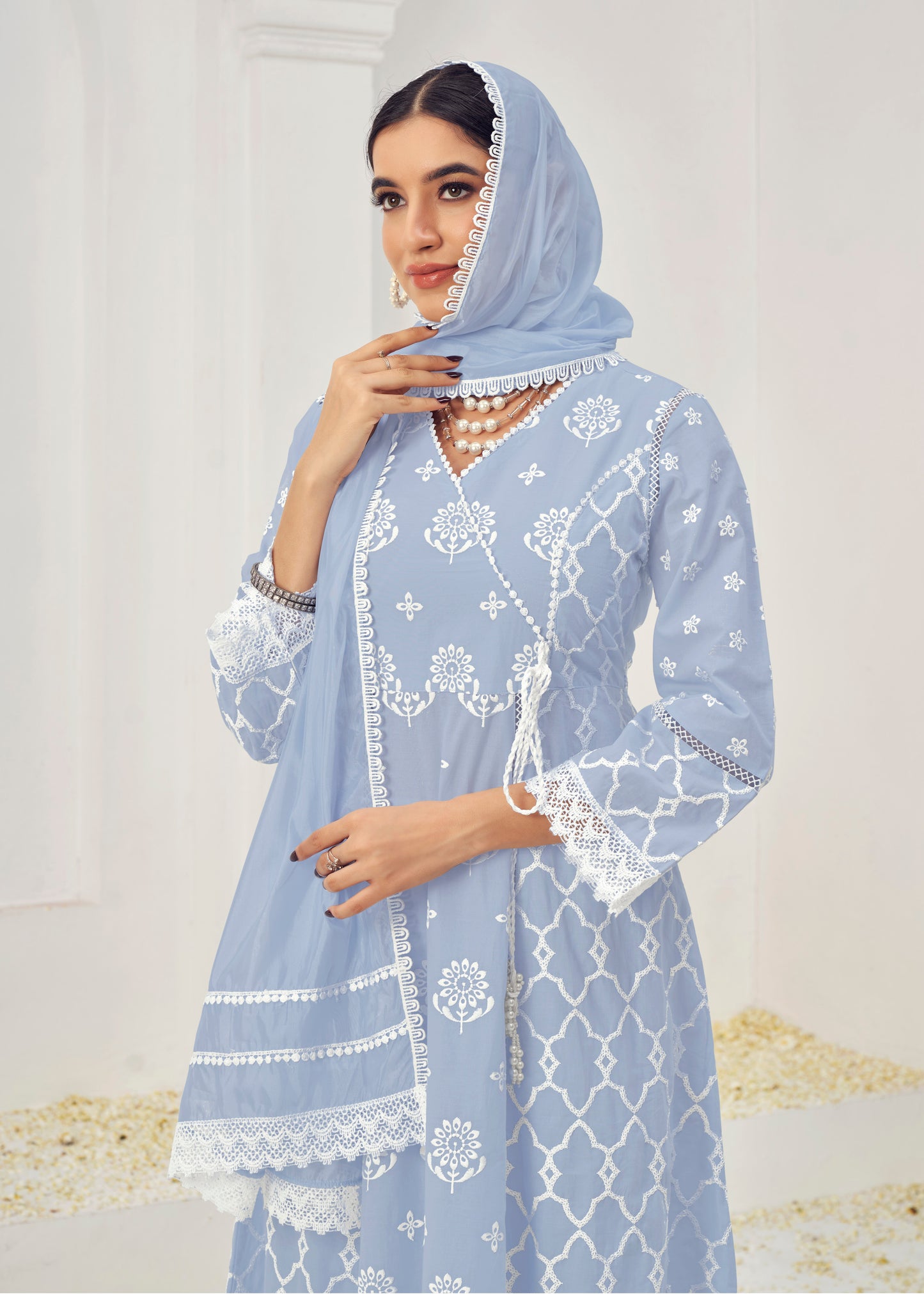 Beige & Ice Blue Cotton Readymade Salwar Kameez Suit