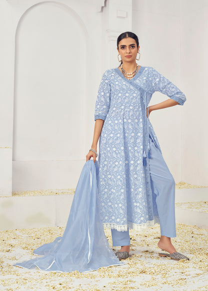 Rose & Ice Blue Cotton Readymade Salwar Kameez Suit