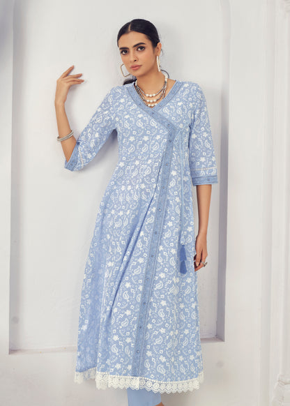 Rose & Ice Blue Cotton Readymade Salwar Kameez Suit