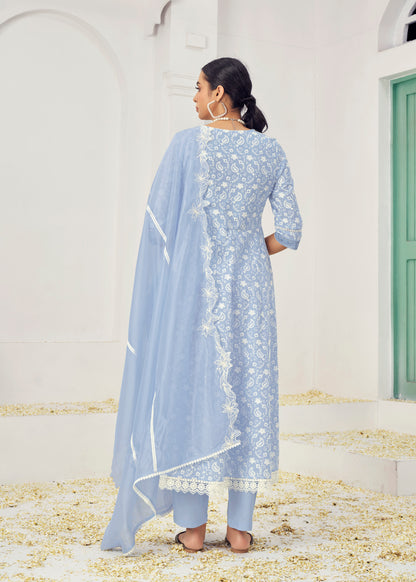 Rose & Ice Blue Cotton Readymade Salwar Kameez Suit