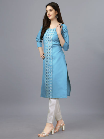 Women Embroidered Cotton Blend Straight Kurti 