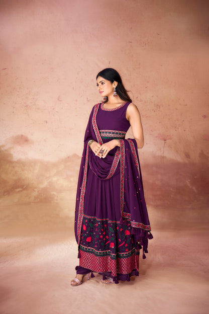 Wine Georgette Readymade Anarkali Long Gown With Dupatta