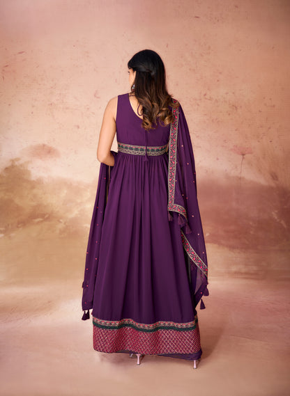 Wine Georgette Readymade Anarkali Long Gown With Dupatta