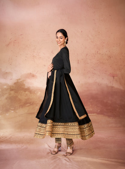 Black Crepe Readymade Anarkali Long Gown With Dupatta