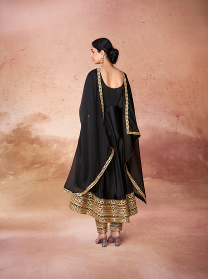 Black Crepe Readymade Anarkali Long Gown With Dupatta