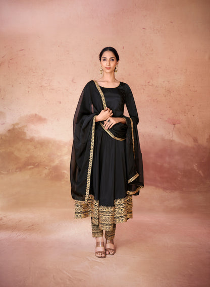 Black Crepe Readymade Anarkali Long Gown With Dupatta