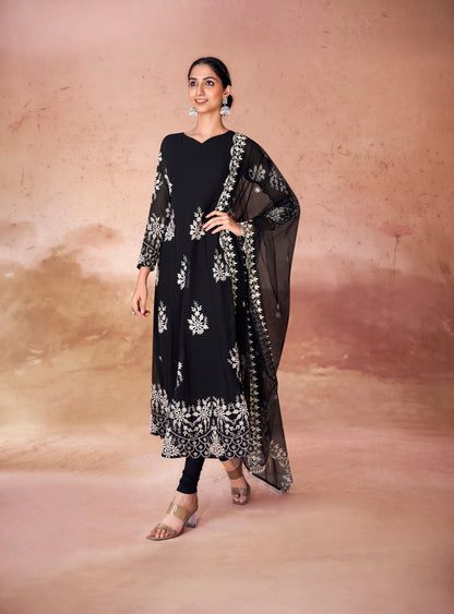 Black Georgette Readymade Anarkali Long Gown With Dupatta