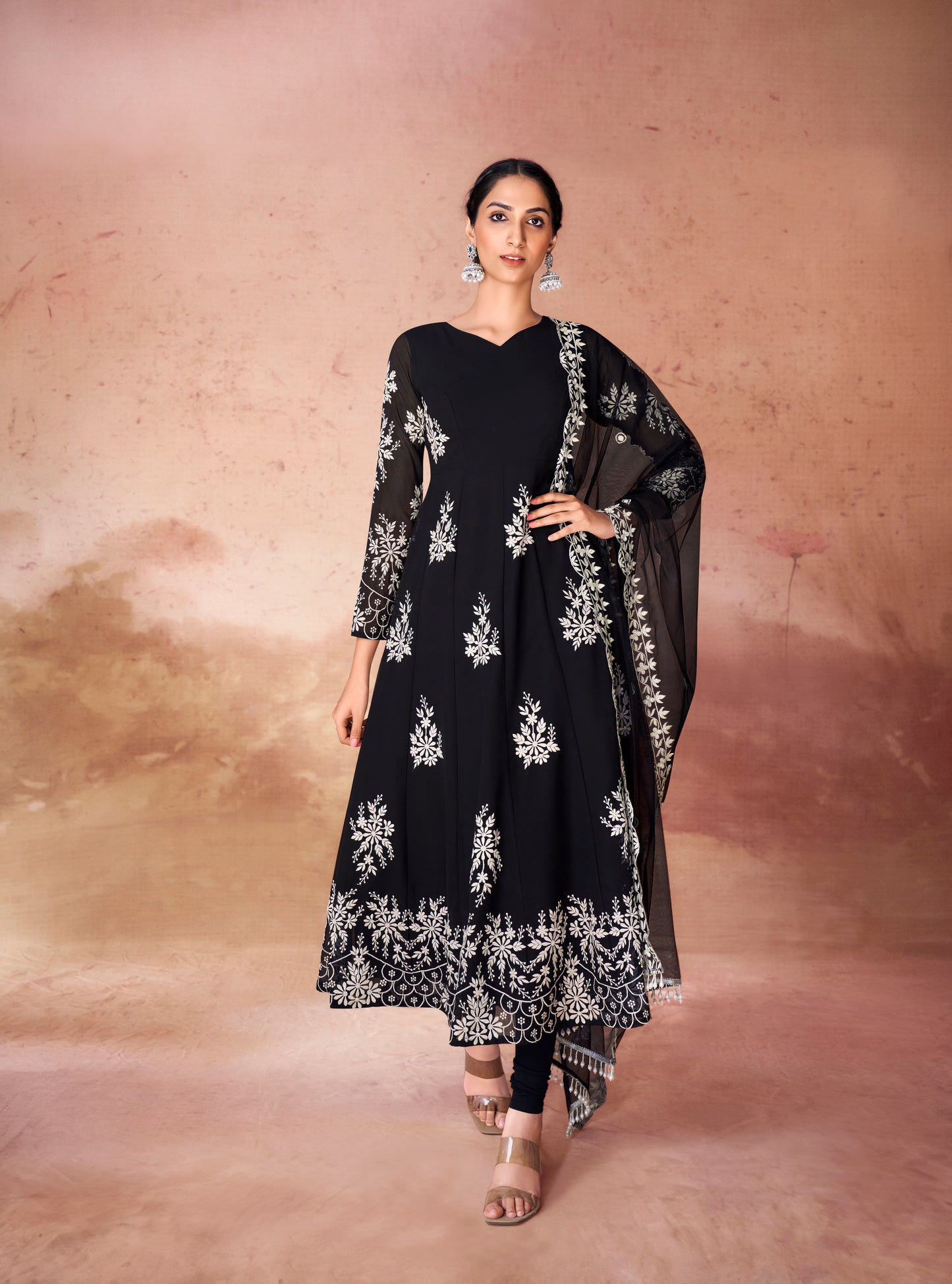 Black Georgette Readymade Anarkali Long Gown With Dupatta