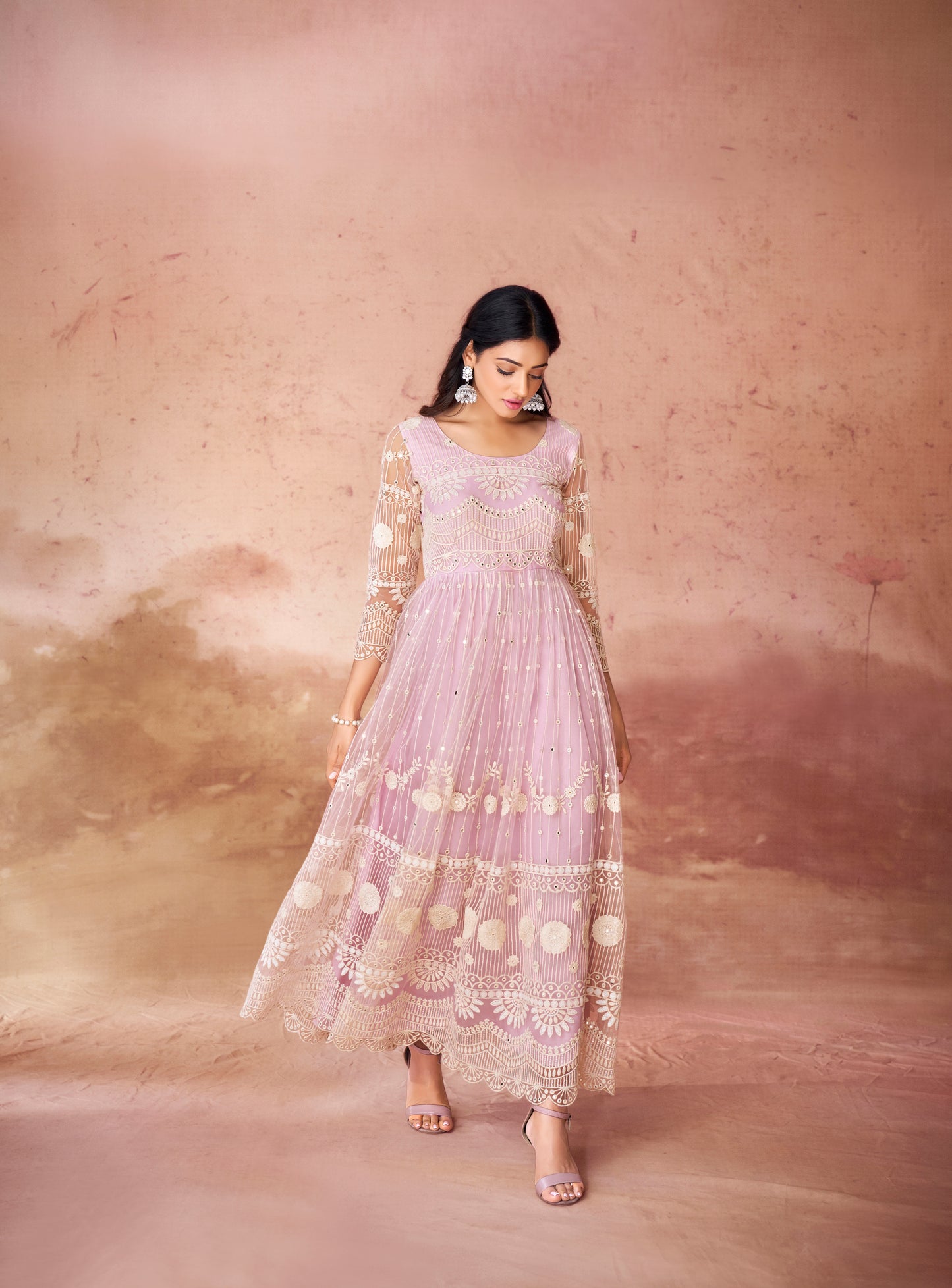 Baby Pink Net Readymade Anarkali Long Gown