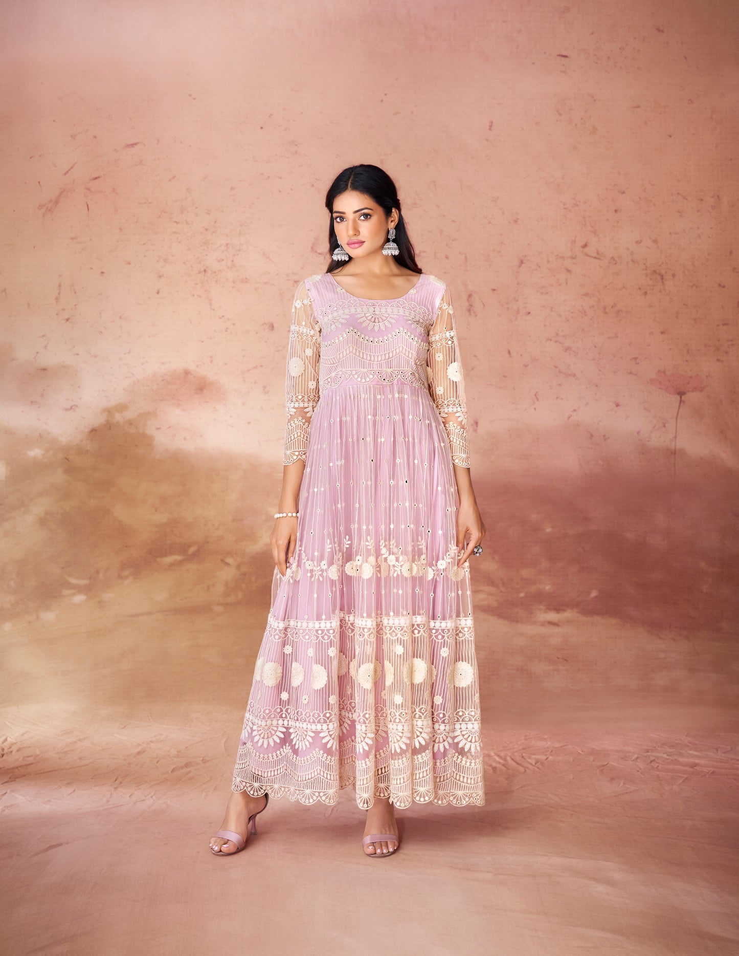 Baby Pink Net Readymade Anarkali Long Gown