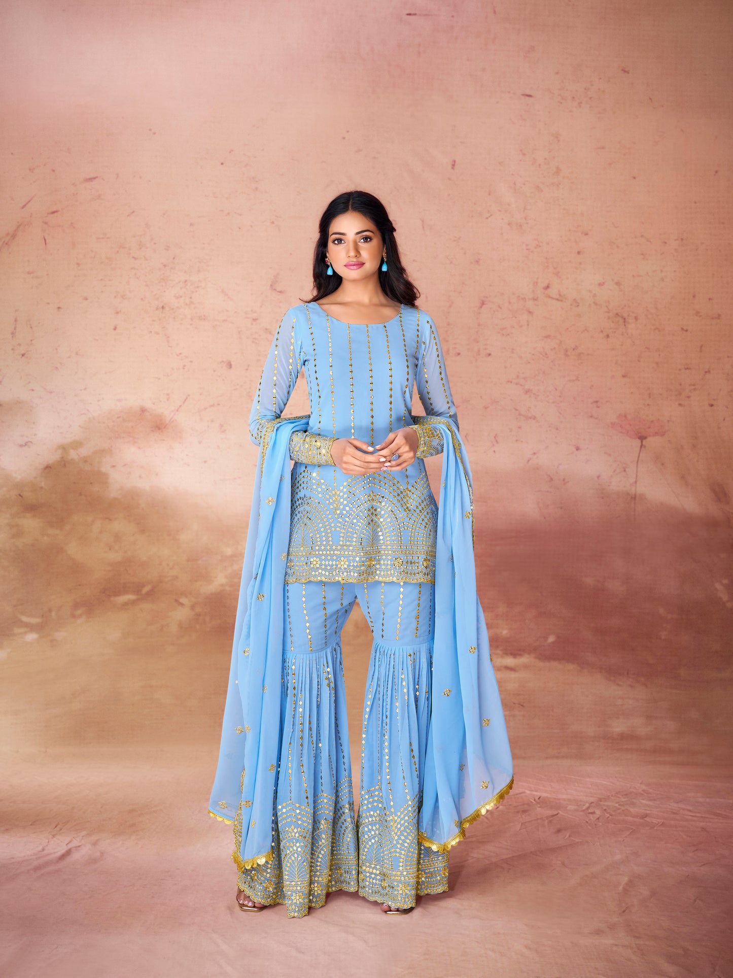 Sky Blue Georgette Readymade Sharara Suit With Dupatta