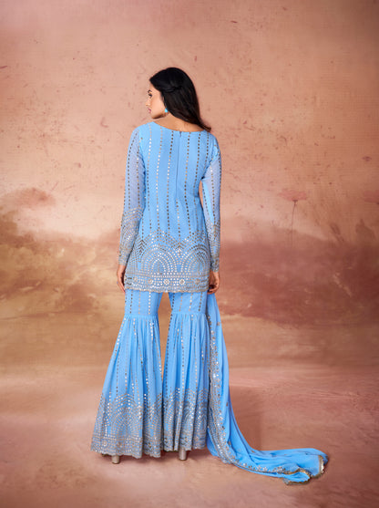 Sky Blue Georgette Readymade Sharara Suit With Dupatta