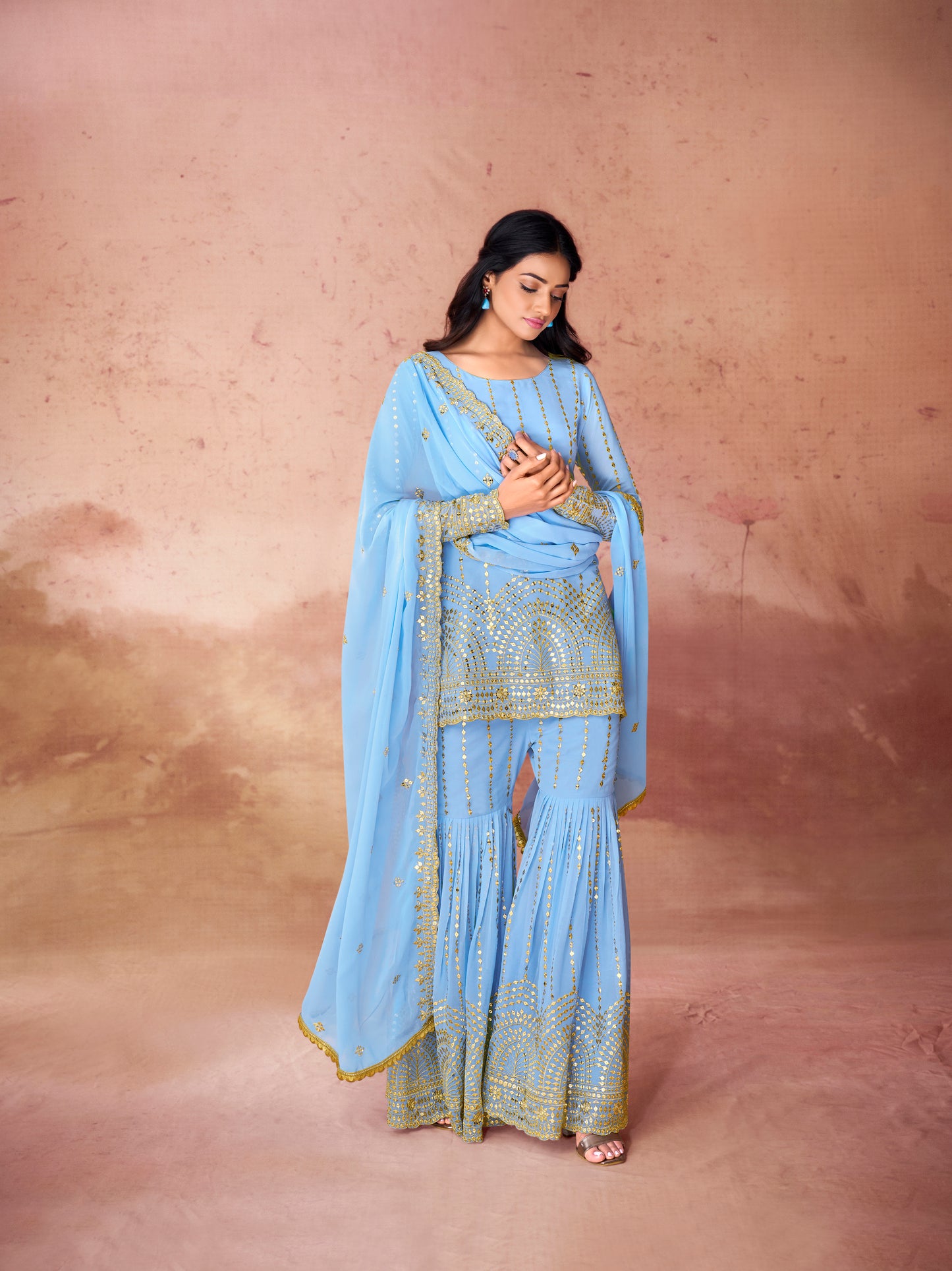 Sky Blue Georgette Readymade Sharara Suit With Dupatta