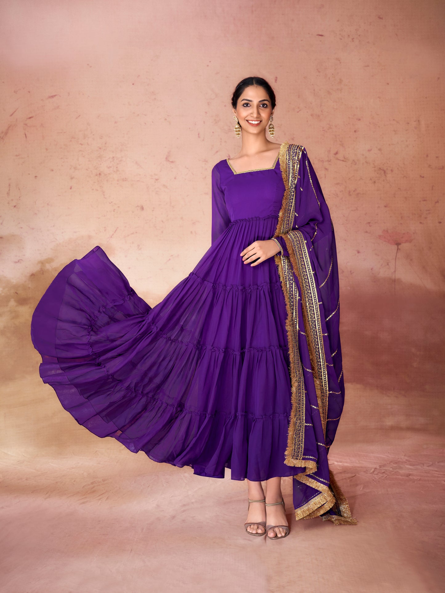 Violet Georgette Readymade Anarkali Long Gown With Dupatta