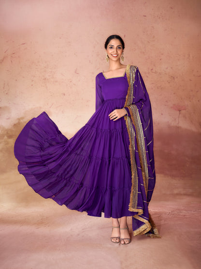 Violet Georgette Readymade Anarkali Long Gown With Dupatta